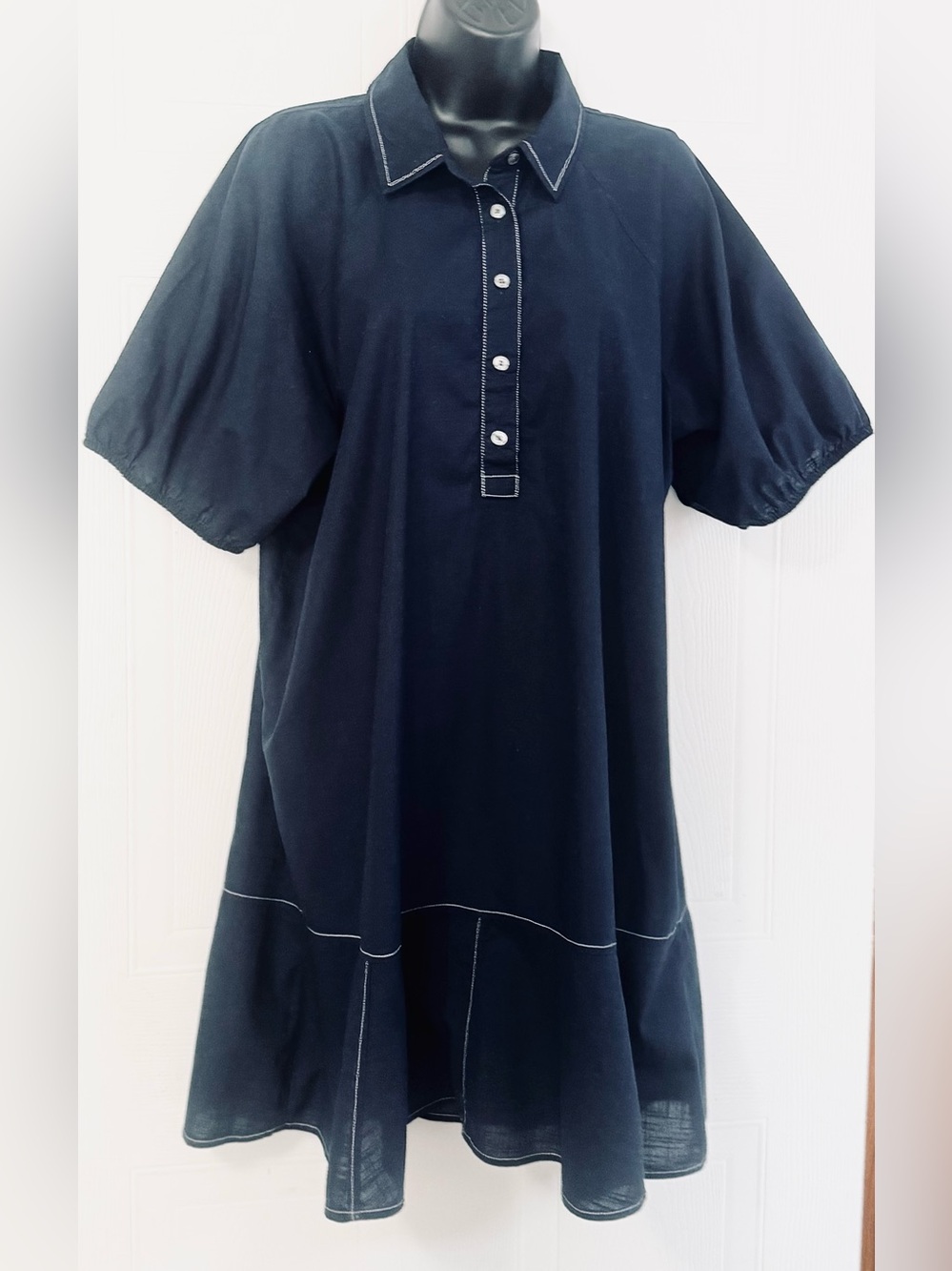 LOFT Navy Henley Neck Tiered at Hem Women's Dress Gathered Raglan Sleeves Large